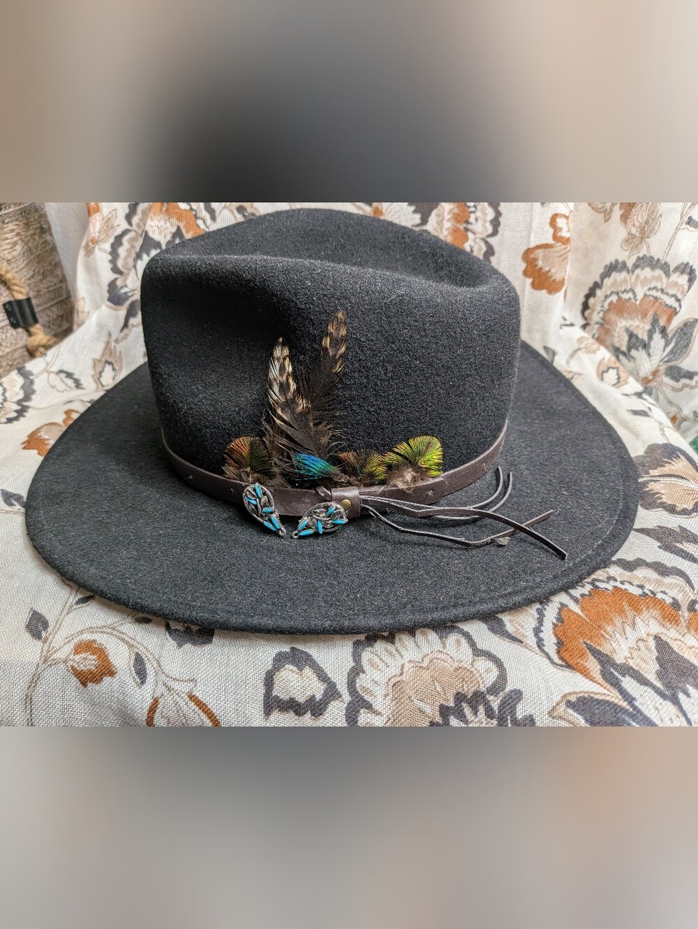 Scala Black Wool Fedora with Feather & Turquoise Accents